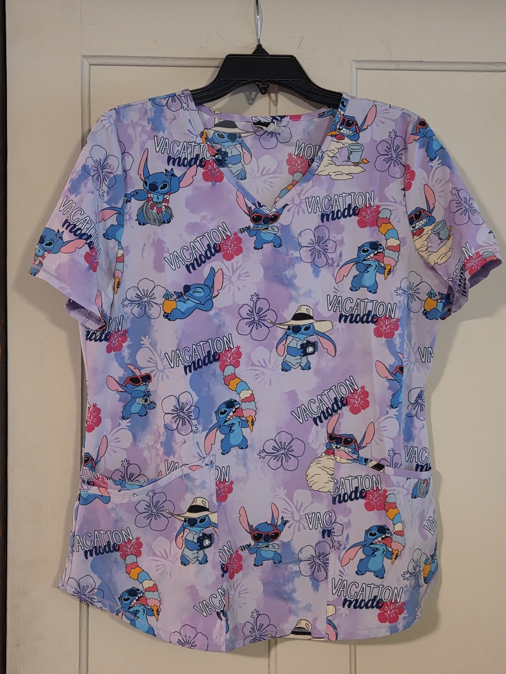 Disney Lavender Stitch Vacation Mode Tropical Print Scrubs Top